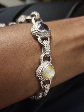 Sterling Silver Multi-Gemstone Link Bracelet - Purple & Opal Tones